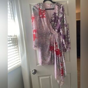 Badgley Mischka Lavender Floral Wrap Dress with Red Accents